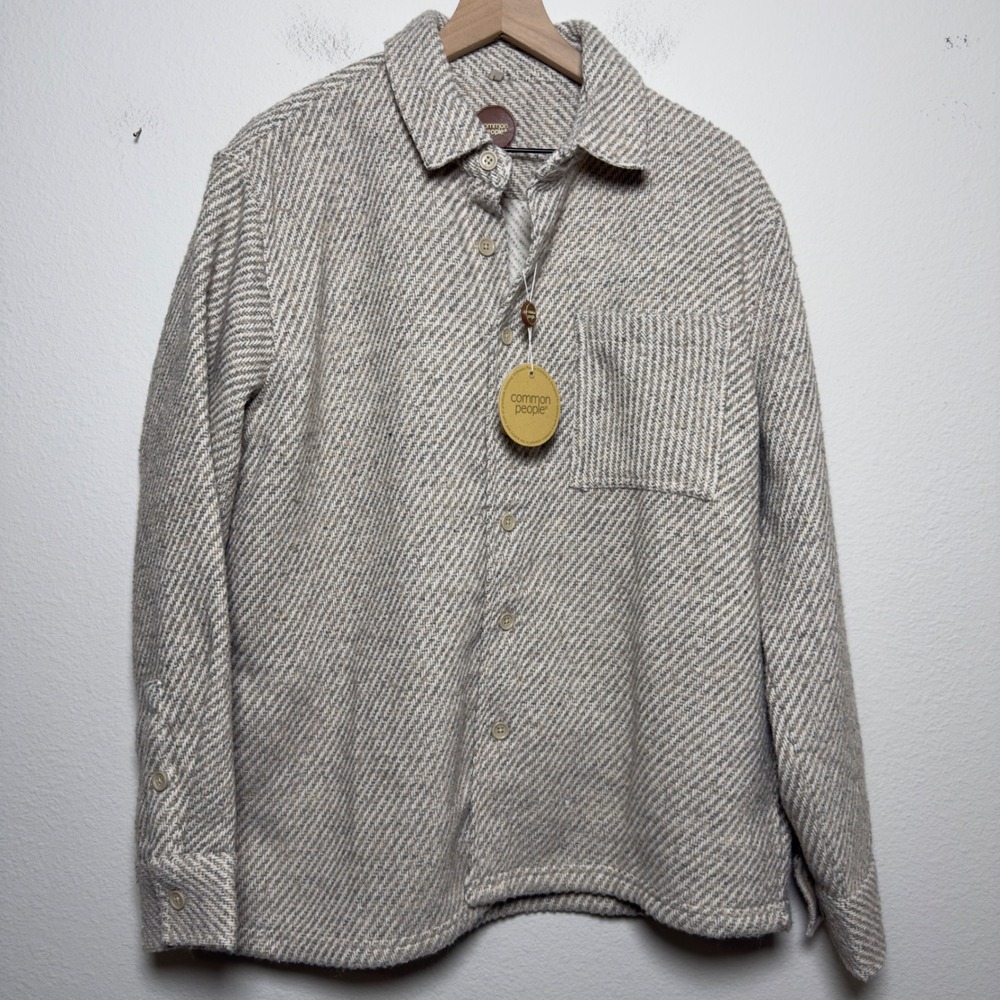 NEW Common People Men Jacket Large Grey Herringbone Button Up Utility Shacket